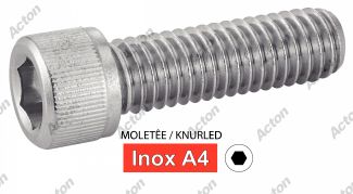 Vis &agrave; m&eacute;taux t&ecirc;te cylindrique six pans creux inox A4 molet&eacute;e