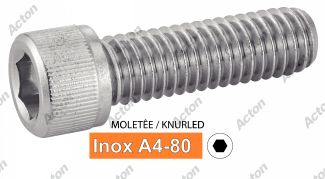 Vis &agrave; m&eacute;taux t&ecirc;te cylindrique six pans creux inox A4-80 molet&eacute;e